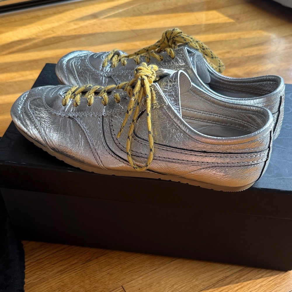 Dries Van Noten Silver Sneakers with Gold Laces